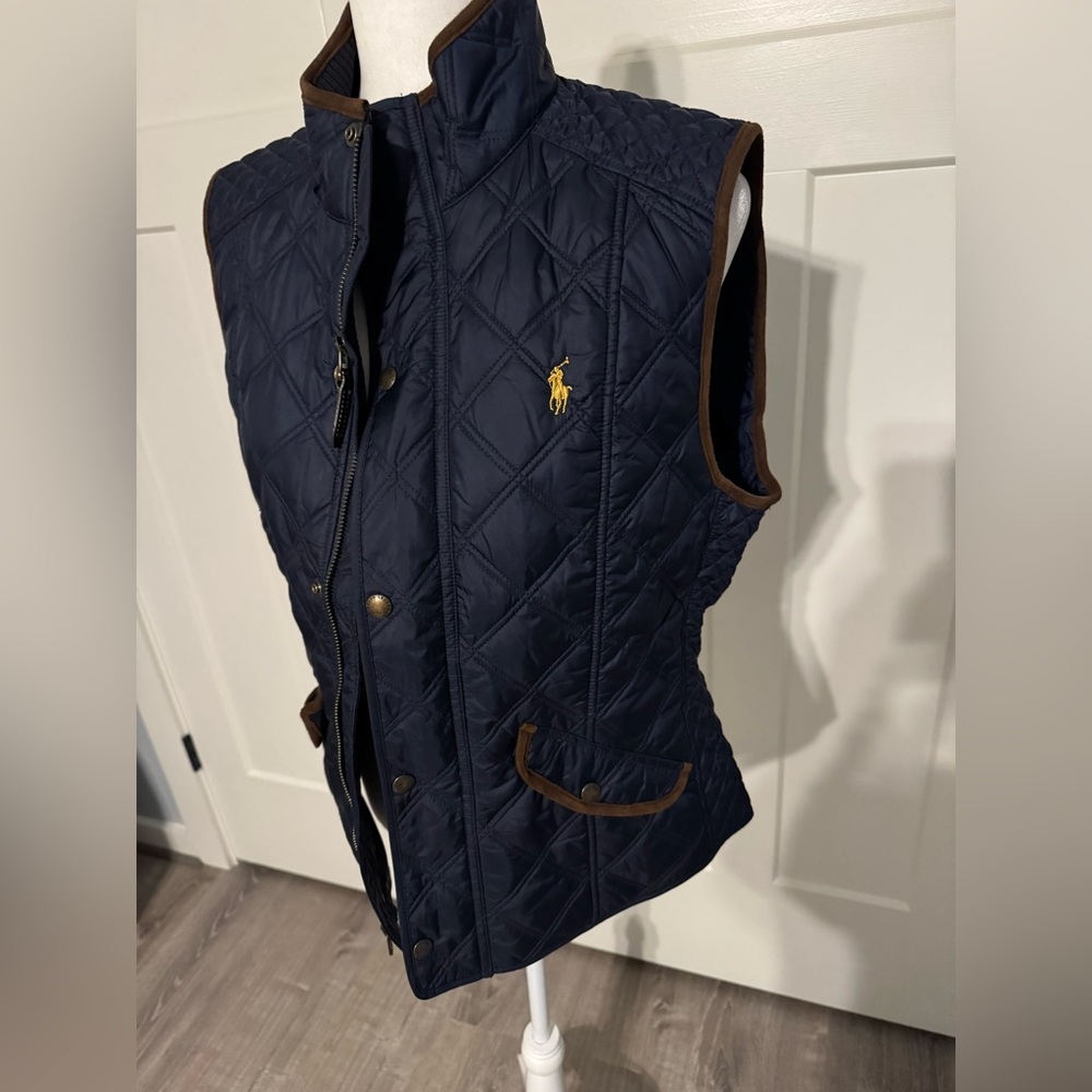 Polo Ralph Lauren, Navy Quilted Vest with Brown Trim